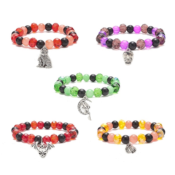 

PandaHall Galss Round Beaded Stretch Bracelet, Halloween Alloy Charms Adjustable Bracelet for Women, Mixed Color, Inner Diameter: 2 inch..., Multicolor