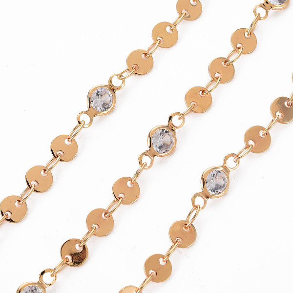 

PandaHall Handmade Brass Flat Sequin Chain, with Clear Cubic Zirconia, Soldered, Spool, Flat Round, Real 18K Gold Plated, 3.7x2.5x0.3mm and...