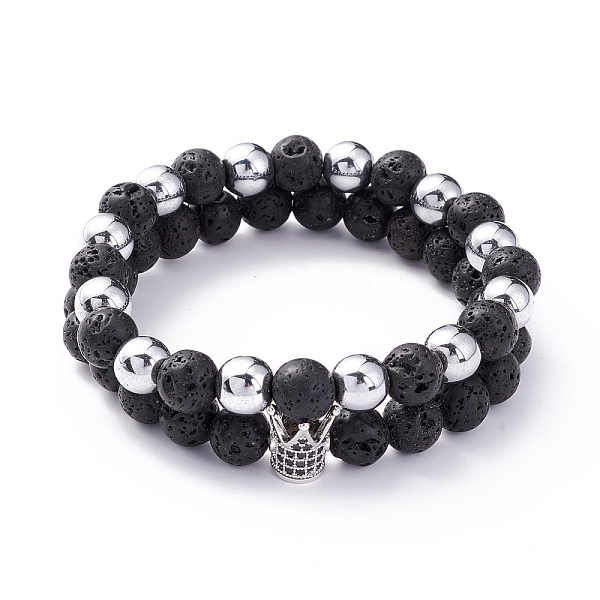 

PandaHall Natural Lava Rock & Non-magnetic Synthetic Hematite Round Beads Energy Power Stretch Bracelets Sett, Crown Brass Cubic Zirconia...