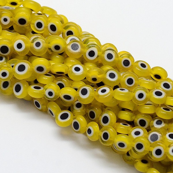 

PandaHall Handmade Evil Eye Lampwork Flat Round Bead Strands, Gold, 6x3mm, Hole: 1mm, about 65pcs/strand, 14 inch Lampwork Evil Eye Gold