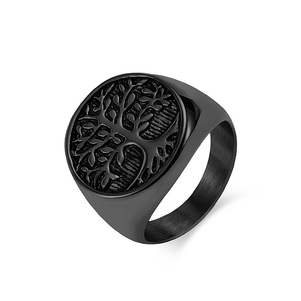 

PandaHall Retro Titanium Steel Tree of Life Finger Ring, Wide Band Ring, Electrophoresis Black, Inner Diameter: 20mm Titanium Steel