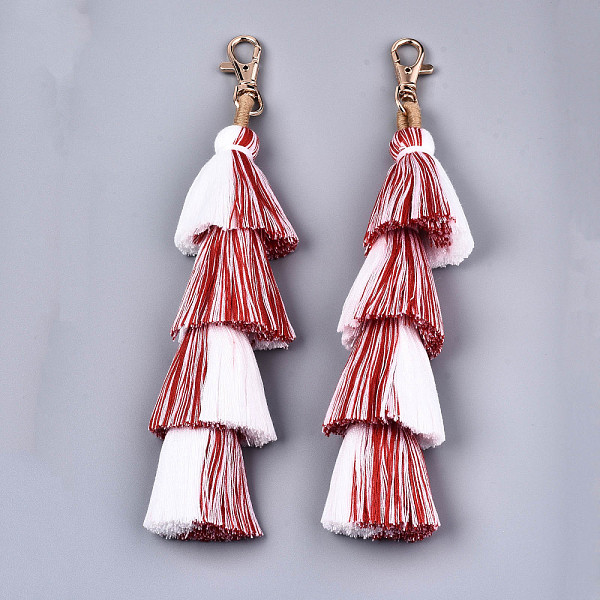

PandaHall Polycotton(Polyester Cotton) Tassel Big Pendant Decorations, with Light Gold Plated Alloy Swivel Lobster Claw Clasps, Cadmium Free...