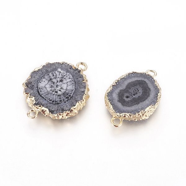 

PandaHall Natural Dyed Quartz Links connectors, with Brass Findings, Flat Round, Golden, Gray, 24.5~33x16~23x4~6mm, Hole: 2~2.5mm Quartz...