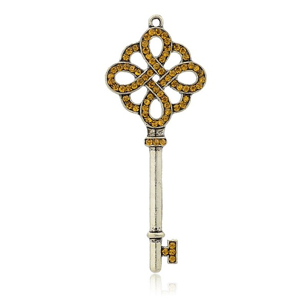 

PandaHall Skeleton Key Antique Silver Plated Alloy Rhinestone Big Pendants, Topaz, 75x30x4mm, Hole: 2mm Alloy+Rhinestone Key Yellow