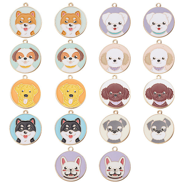 SUNNYCLUE 1 Box 18Pcs 9 Style Dog Charms Enamel Dog Charm Puppy Charms Schnauzer Shiba Inu Bulldog Flat Round Pet Animal Charms for Jewelry Making Charm Earring Necklace Keychain Dog Collar DIY Craft