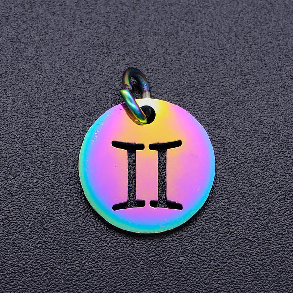 

PandaHall Rainbow Color Ion Plating(IP) 201 Stainless Steel Charms, with Jump Rings, Flat Round with Constellation/Zodiac Sign, Gemini...