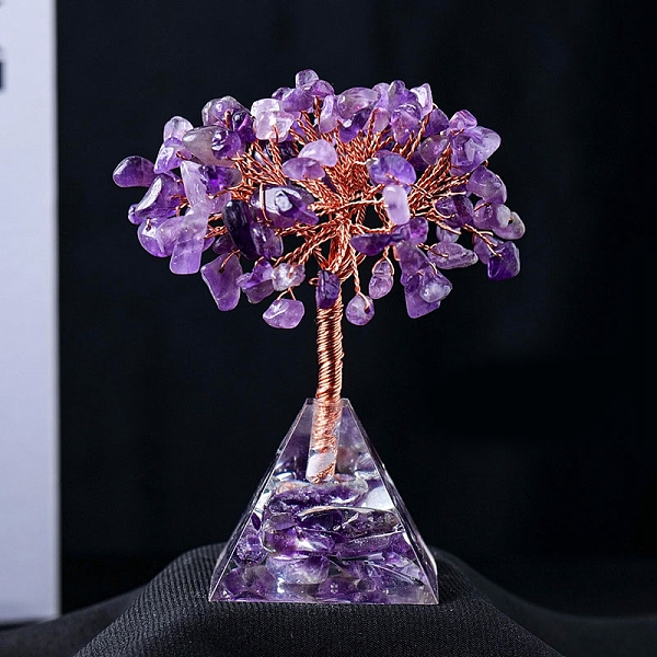 

PandaHall Natural Amethyst Chips Tree Decorations, Resin Pyramid Base with Gemstone Chip, Copper Wire, Feng Shui Energy Stone Gift for Home...