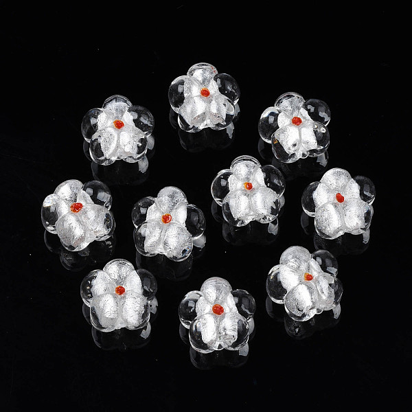 

PandaHall Handmade Silver Foil Glass Lampwork Beads, Flower, Clear, 14~14.5x14.5~15x8~9mm, Hole: 1.4~1.6mm Foil Glass Flower Clear