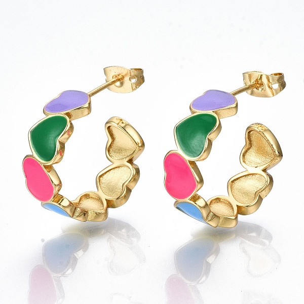 

PandaHall Brass Enamel Stud Earrings, Half Hoop Earrings, with Ear Nuts, Nickel Free, Heart, Real 16K Gold Plated, Colorful, 20x7mm, Pin...