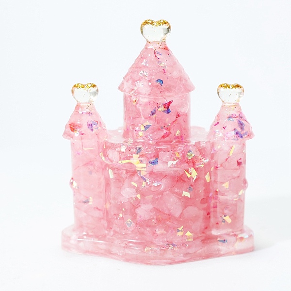 

PandaHall Resin Craft Display Decorations, with Natural Rose Quartz Chip, Glittered Castle Figurine, for Home Feng Shui Ornament, 75x65x30mm...