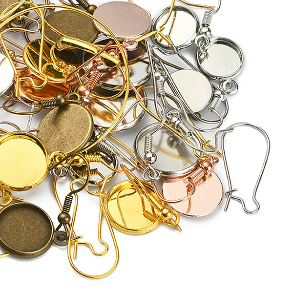 

PandaHall 75Pcs Iron Earring Hooks, Ear Wire, with Flat Round Setting for Cabochon, Mixed Color, Tray: 10~35mm Iron