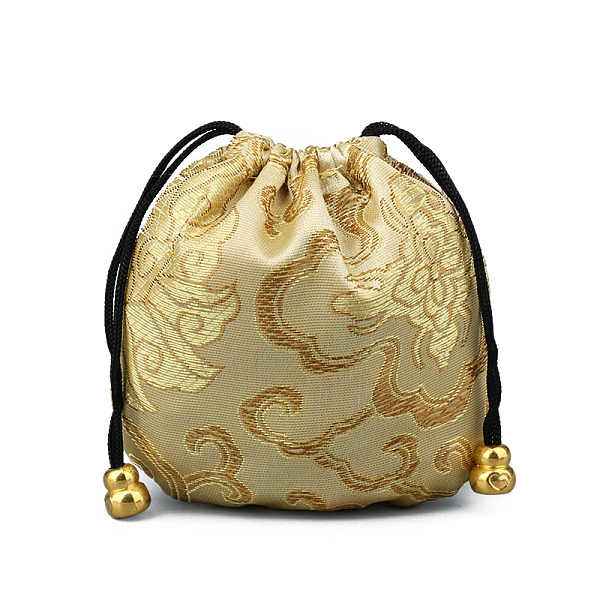 

PandaHall Chinese Style Silk Brocade Jewelry Packing Pouches, Drawstring Gift Bags, Auspicious Cloud Pattern, Pale Goldenrod, 11x11cm Silk