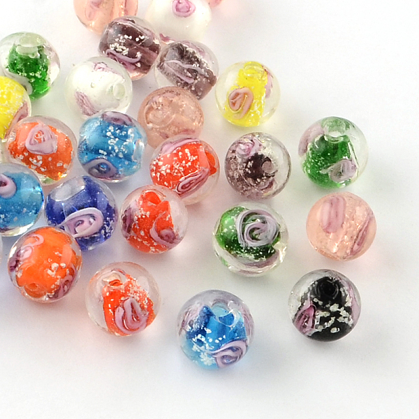 

PandaHall Handmade Luminous Inner Flower Lampwork Beads, Round, Mixed Color, 9~10mm, Hole: 1~2mm Lampwork Round Multicolor
