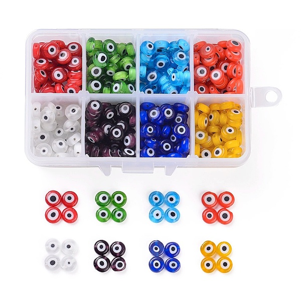 

PandaHall Handmade Evil Eye Lampwork Beads, Flat Round, Mixed Color, 8x3.2mm, Hole: 1mm, 8colors, about 49pcs/color, about 392pcs/box..., Multicolor