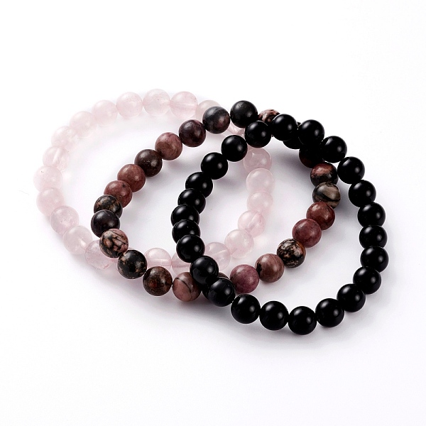PandaHall Natural Rose Quartz & Rhodonite & Black Agate(Dyed) Beaded Stretch Bracelets Sets, Round, Inner Diameter: 2-1/4 inch(5.7cm), Bead...