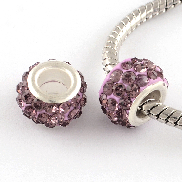 

PandaHall Polymer Clay Rhinestone European Large Hole Beads with Silver Color Plated Brass Cores, Rondelle, Light Amethyst, 11~12x7~7.5mm..., Purple