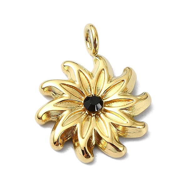 

PandaHall Ion Plating(IP) 304 Stainless Steel Pendants, Real 18K Gold Plated, with Rhinestone, Flower Charm, Jet, 15x12x2.5mm, Hole: 2mm..., Black