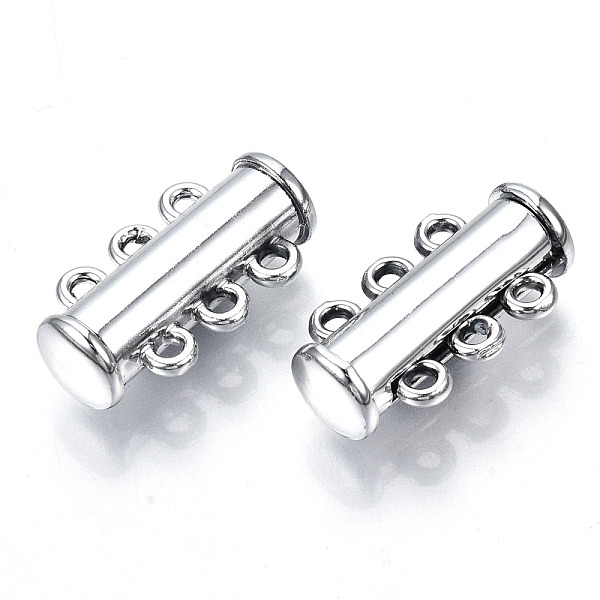 

PandaHall 3-Strands Brass Magnetic Slide Lock Clasps, 6-Hole, Tube, Platinum, 19.5x10.5x6.5mm, Hole: 1.4mm Brass
