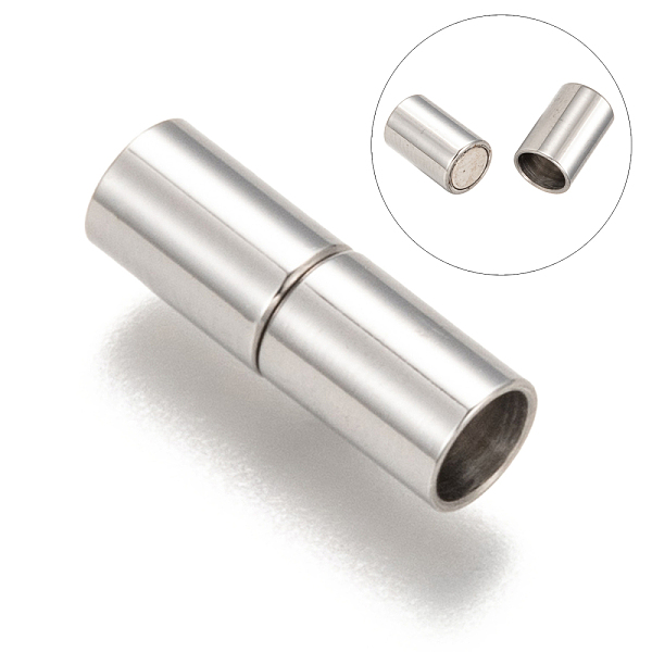 

PandaHall Column 304 Stainless Steel Magnetic Clasps with Glue-in Ends, Stainless Steel Color, 16x5mm, Hole: 4mm 304 Stainless Steel Column