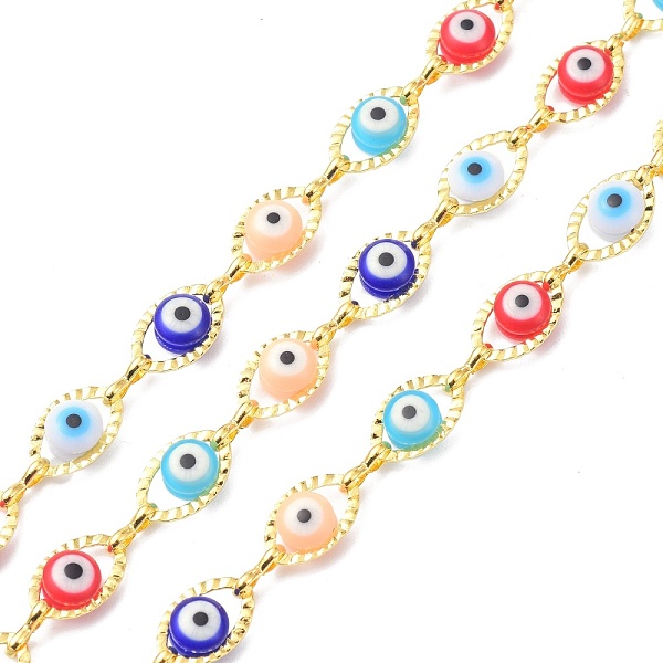 

PandaHall 304 Stainless Steel & Evil Eye Glass Beads Link Chain, Long-Lasting Plated, Unwelded, with Spool, Golden, links: 6x1x2mm, evil eye...
