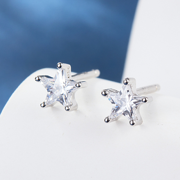 

PandaHall Rhodium Plated 925 Sterling Silver Stud Earrings for Women, with Cubic Zirconia, Star, 6mm Sterling Silver Star