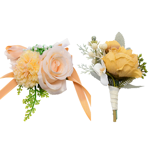 

PandaHall CRASPIRE 2Pcs 2 Style Rose Flower Silk Wrist and Flower Silk Brooch Sets, for Wedding, Party Decorations, PeachPuff, Brooch..., Brown