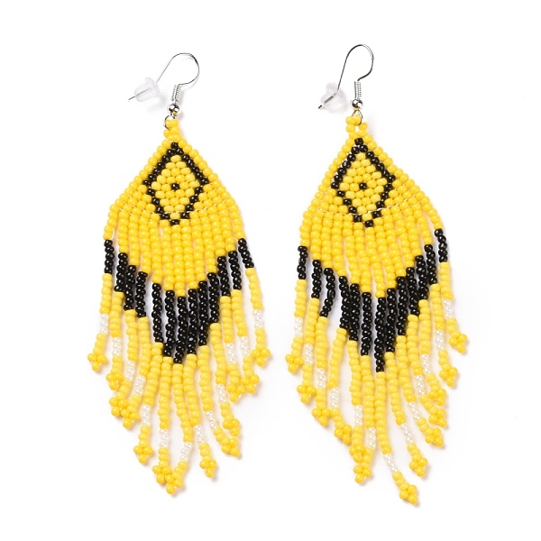 

PandaHall Glass Seed Braided Rhombus with Tassel Chandelier Earrings, Bohemian Brass Wire Wrap Drop Earrings for Women, Mixed Color, 90mm..., Multicolor