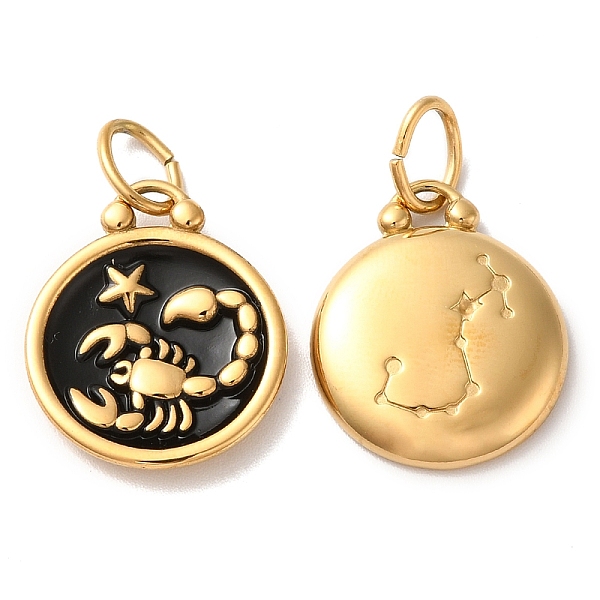

PandaHall Ion Plating(IP) 304 Stainless Steel Enamel Pendants, with Jump Ring, Flat Round with Constellation, Golden, Scorpio..., Black