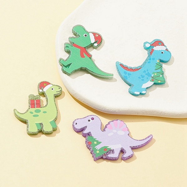 

PandaHall 4Pcs 4 Styles Printed Opaque Acrylic Pendants, with Glitter Sequins, for Christmas, Dinosaur with Christmas Tree/Hat/Gift Box..., Multicolor