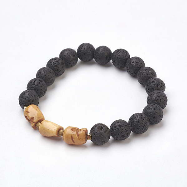 PandaHall Natural Lava Beads Stretch Bracelets, with OX Bone Beads, Skull, 2-3/8 PandaHall Natural Lava Beads Stretch Bracelets, with OX Bone Beads, Skull, 2-3/8