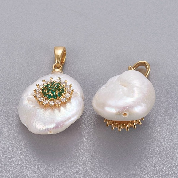 

PandaHall Natural Cultured Freshwater Pearl Pendants, with Brass Micro Pave Cubic Zirconia Findings, Nuggets with Flower, Long-Lasting..., Green