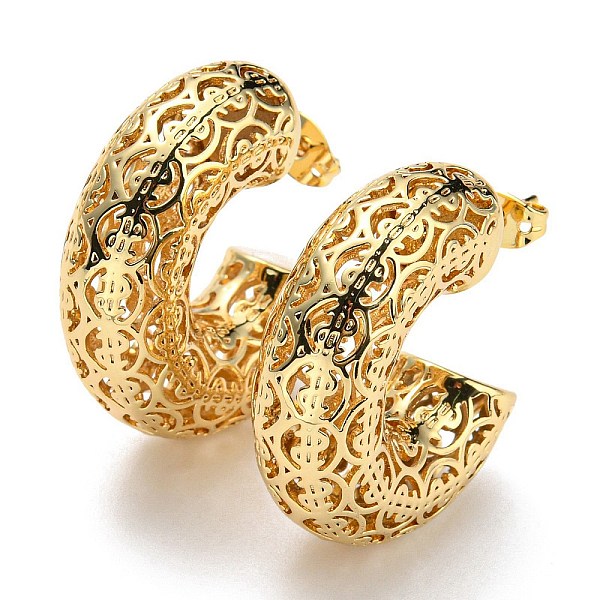 

PandaHall C-Shaped with Coin Pattern Stud Earrings, Brass Jewelry for Women, Cadmium Free & Lead Free, Real 18K Gold Plated, 30.5x10mm Brass...