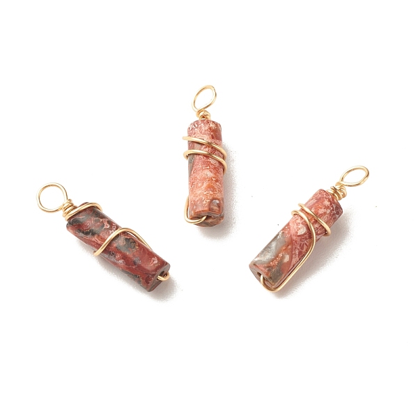 

PandaHall Natural Leopard Skin Jasper Pendants, with Light Gold Tone Eco-Friendly Copper Wire Wrapped, Column, 20~21x5~5.5mm, Hole...