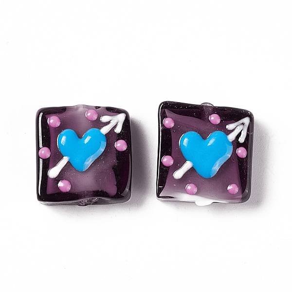 

PandaHall Handmade Lampwork Beads, Square with Arrow Through the Heart Pattern, Purple, 16x15x6mm, Hole: 1.8mm Lampwork Square Purple