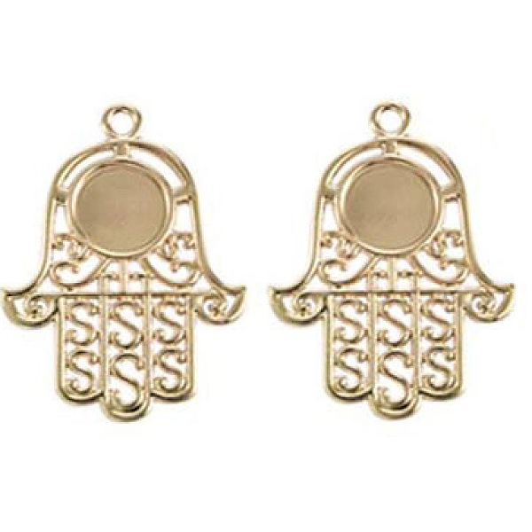 

PandaHall Alloy Pendant Cabochon Settings, Hamsa Hand/Hand of Fatima/Hand of Miriam, Golden, Tray: 14mm, 50x37mm, Hole: 3mm Alloy Palm