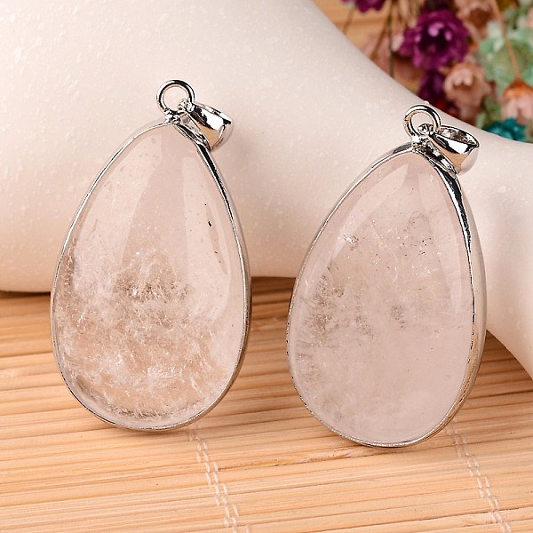 

PandaHall Natural Crystal Teardrop Pendants, with Platinum Plated Brass Findings, 46x26x14mm, Hole: 6x4mm Quartz Crystal Teardrop