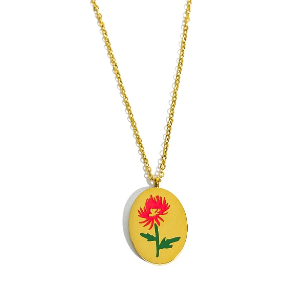 

PandaHall Birth Month Flower Style Titanium Steel Oval Pendant Necklace, Golden, November Chrysanthemum, 15.75 inch(40cm) Titanium Steel...