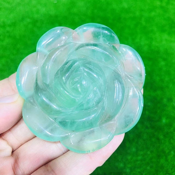 

PandaHall Natural Fluorite Carved Rose Figurines, for Home Office Desktop Decoration, 50~60mm Fluorite Flower
