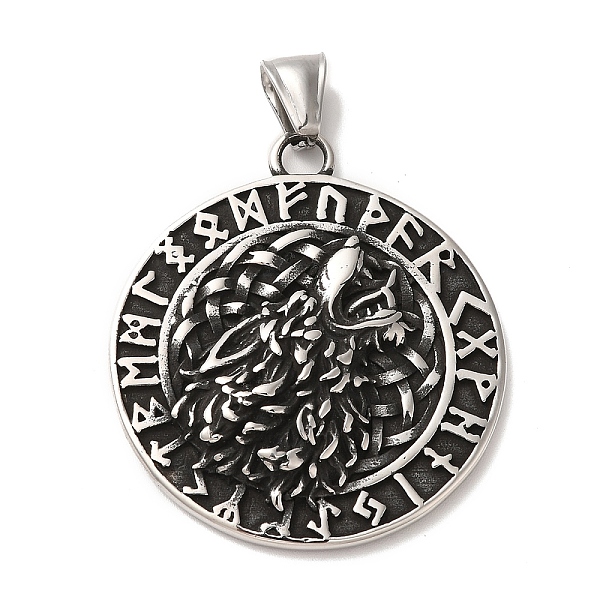 

PandaHall Viking 304 Stainless Steel Pendant, with 201 Stainless Steel Snap On Bails, Flat Round with Wolf & Helm of Awe Charm, Antique...