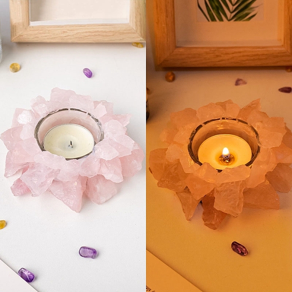 PandaHall Natural Raw Rose Quartz Candle Holders, for Fragrance Diffuser, Reiki Energy Stone Display Decoration, 10cm, Inner Diameter: 4cm...