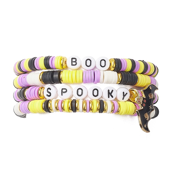 

PandaHall 4Pcs 4 Style Polymer Clay Heishi Surfer Stretch Bracelets Set wtih Alloy Enamel Bat Charms, Word Boo Spooky Acrylic Stackable..., Multicolor