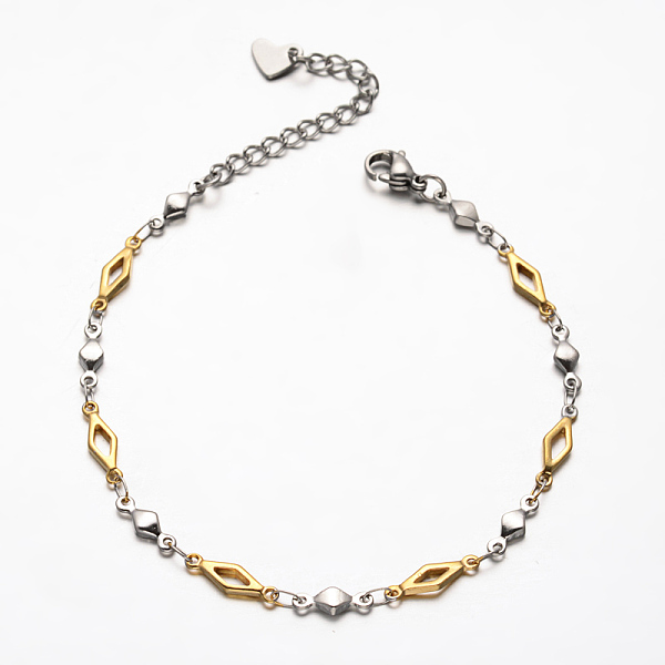 

PandaHall Rhombus 304 Stainless Steel Link Bracelets, with Lobster Claw Clasps & Extender Chains with Heart Charm, Golden & Stainless Steel...