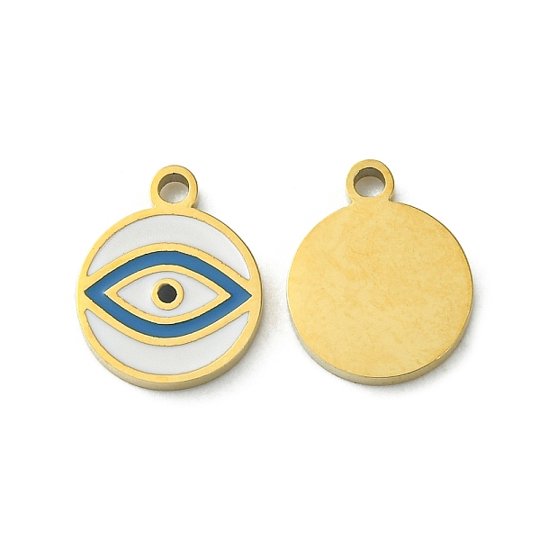 

PandaHall Ion Plating(IP) 304 Stainless Steel Manual Polishing Charms, with Enamel, Flat Round with Eye Charm, Golden, 12x9.5x1.5mm, Hole..., Blue