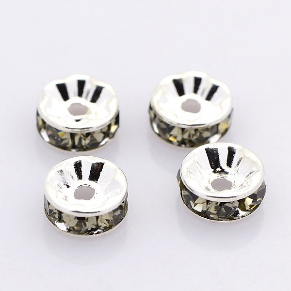 

PandaHall Brass Rhinestone Spacer Beads, Grade AAA, Straight Flange, Nickel Free, Silver Color Plated, Rondelle, Black Diamond, 6x3mm, Hole..., Gray