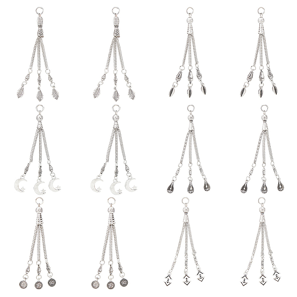 

PandaHall AHADERMAKER 12Pcs 6 Style Tibetan Style Alloy Curb Chain Tassel Big Pendants, Feather & Teardrop & Moon & Leaf, Antique Silver &...