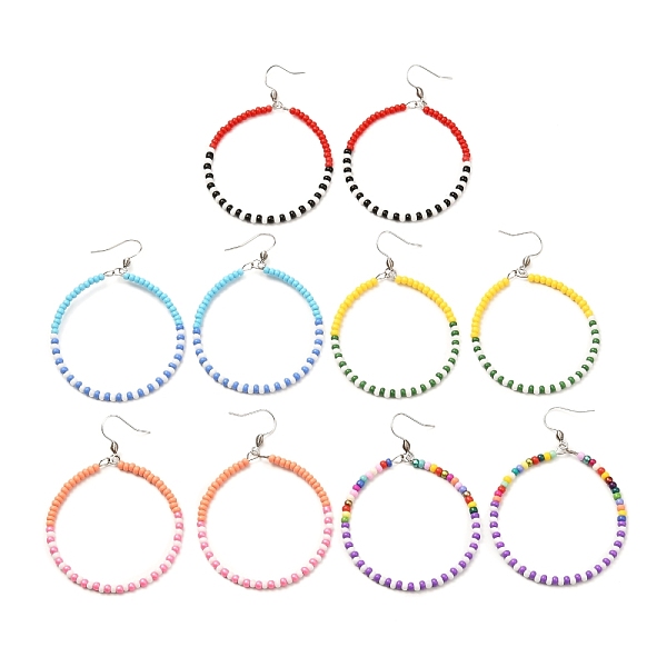 

PandaHall Colorful Glass Seed Beads Big Ring Dangle Earrings for Girl Women, 304 Stainless Steel Earring, Mixed Color, 70mm, Pin: 0.7mm..., Multicolor