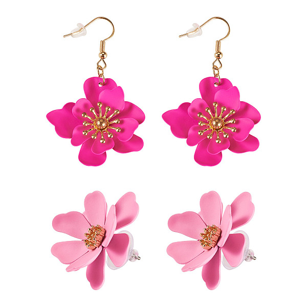 2 paire de boucles d'oreilles pendantes en forme de fleur en fer