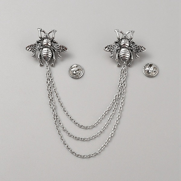 

PandaHall Double Bee Hanging Chain Brooch, Alloy Tassel Lapel Pin for Suit Shirt Collar, Antique Silver, 170mm Alloy