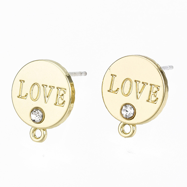 

PandaHall Alloy Stud Earring Findings, with Crystal Rhinestone and Loop and Steel Pin, Flat Round with Word LOVE, Light Gold, 12.5x10.5mm...