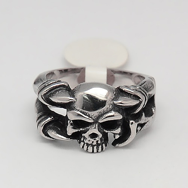 PandaHall Unique Retro Men's Halloween Jewelry 304 Stainless Steel Skull Rings, Antique Silver, 17~23mm 304 Stainless Steel